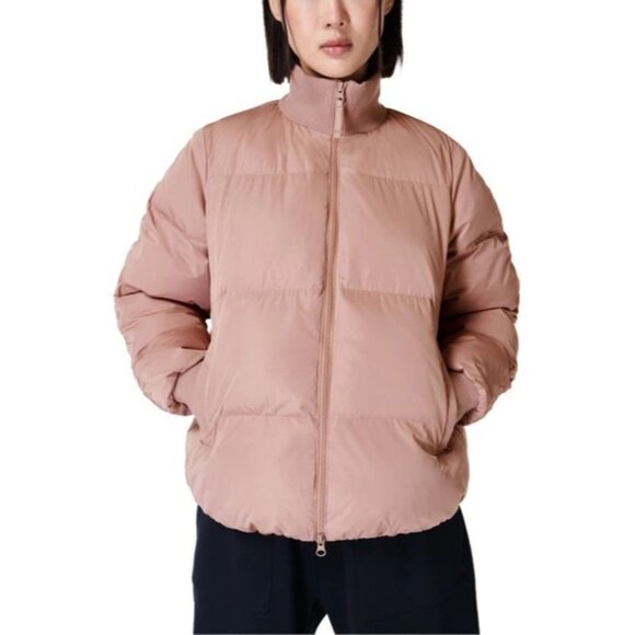 Sweaty Betty Womens 4 Dusty Pink Insulated Puffer Bomber Jacket Ribbed Collar - Picture 1 of 15